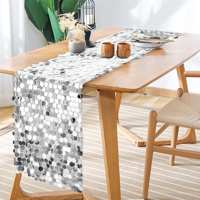 12 x 108 Inch Silver Sequin Table Runner Glitter Rectangle Big Sequin Table Runner for Wedding Party Birthday Christmas Halloween Decoration (1 Pack)
