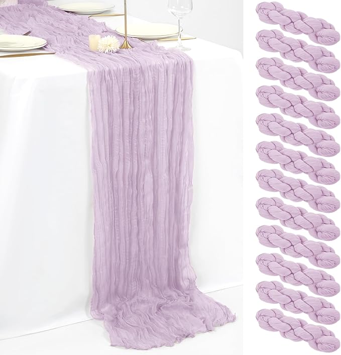 12 Pack 10Ft Lilac Cheesecloth Table Runner 35 x 120 inch Boho Gauze Cheese Cloth Table Runner Vintage Rustic Sheer Runners for Wedding Bridal Shower Birthday Party Cake Table Decorations