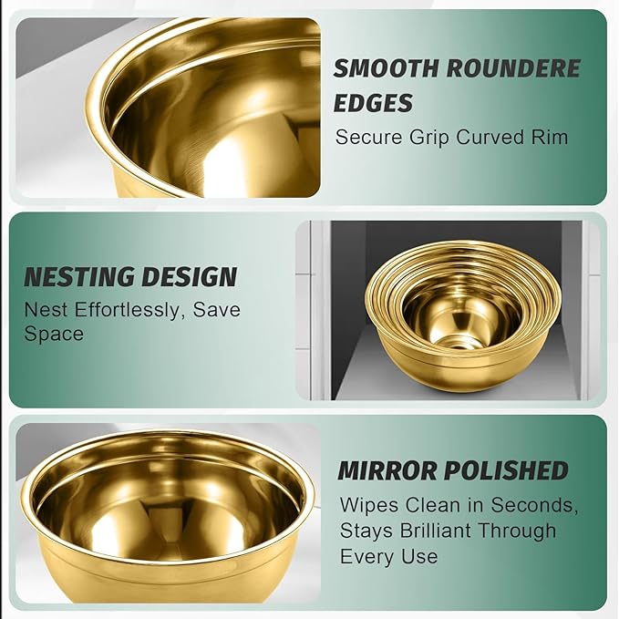 BEWOS 5PCS Mixing Bowls with Lids Set - 5 Stainless Steel Mixing Bowls, Dishwasher Safe, Ideal for Baking & Meal Prep, Stackable Design for Easy Storage