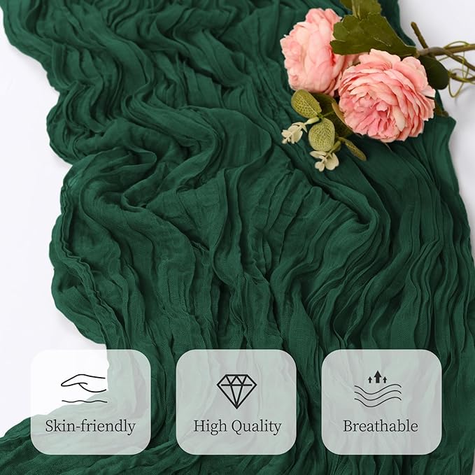 6 Pack Emerald Green Cheesecloth Table Runner 17x108 Inch Semi Sheer Boho Gauze Cheese Cloth Fabric Table Runners, for Wedding Party Baby Shower Birthday Home Decor Garden Farmhouse