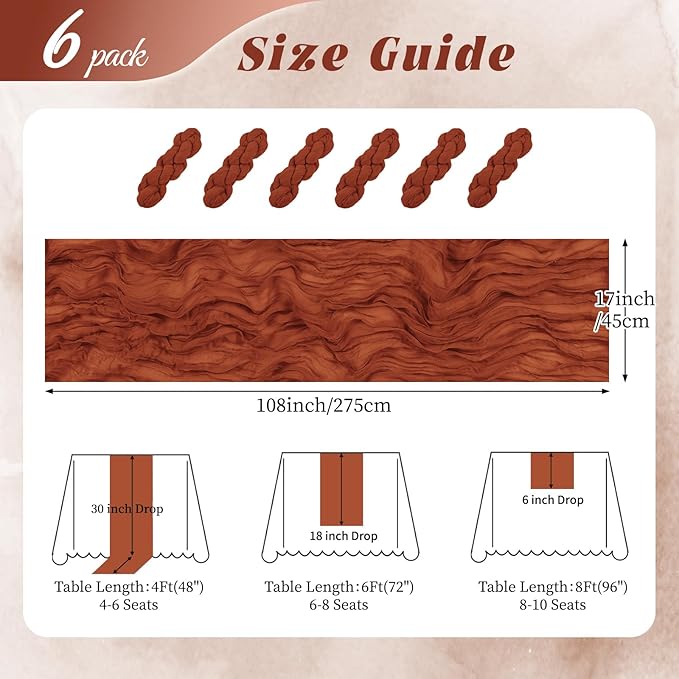 6 Pack Terracotta Cheesecloth Table Runner 17x108 Inch Semi Sheer Boho Gauze Cheese Cloth Fabric Table Runners, for Wedding Party Baby Shower Birthday Home Decor Garden Farmhouse