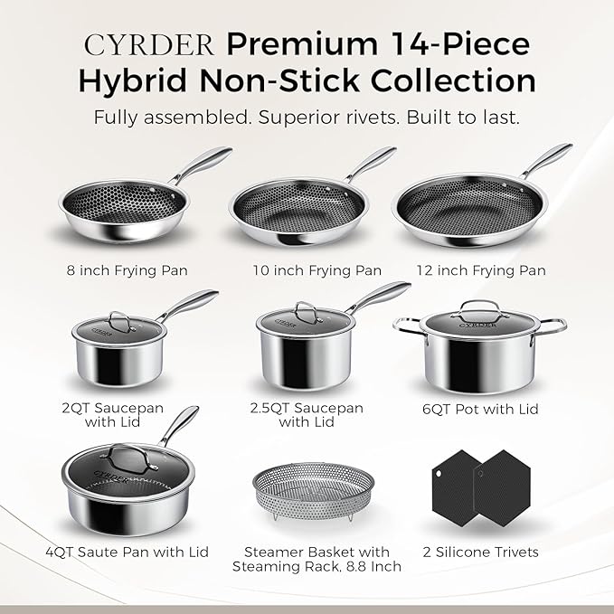 Nonstick Pots and Pans Set, 14 Piece Hybrid Hex Non Stick Stainless Steel Cookware with Frying Pans, Saute Pan, Saucepans & Stock Pot - Induction Compatible, Dishwasher &Oven Safe, PFOA Free