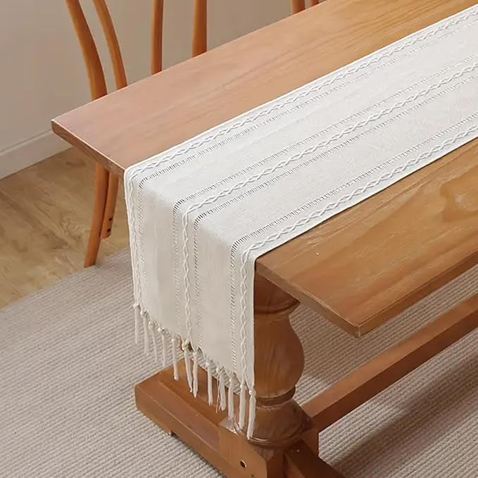 Niviy White Table Runners 90 Inches Long with Tassels, Ivory Embroidered Table Runner Farmhouse Rustic Linen Runners for Dresser Scarf Home Decor (White, 12"×90")