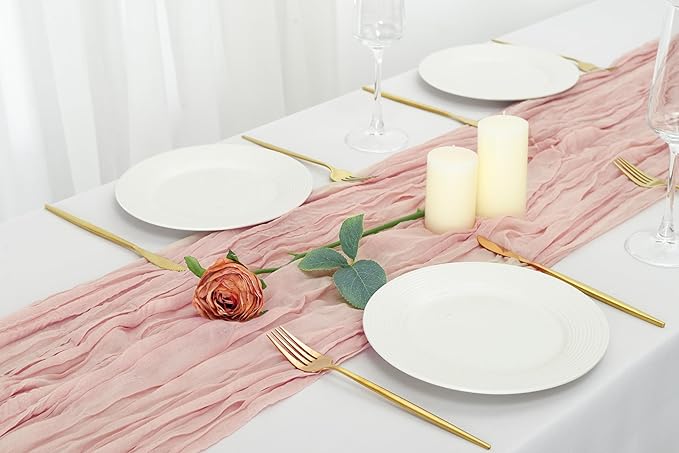combocube 12 Pack 35x120 Inch 10Ft Cheesecloth Table Runner Long Gauze Rustic Romantic Table Cloth for Wedding Reception Bridal Shower Birthday Party Table Decorations, Dusty Pink