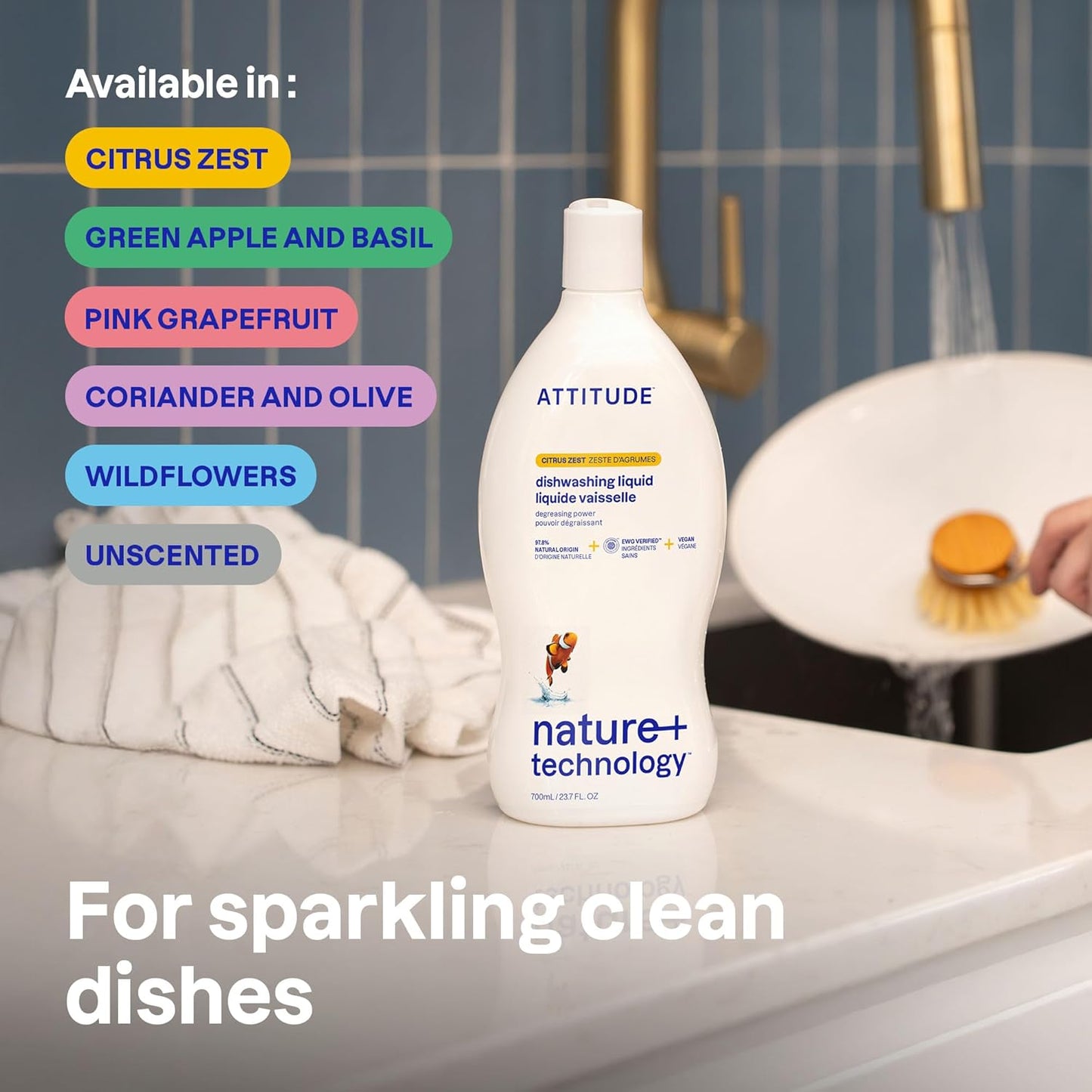 ATTITUDE Dish Soap, EWG Verified, Plant-Based & Vegan Dishwashing Liquid, Naturally Derived, Wildflowers Scent, 23.7 Fl Oz