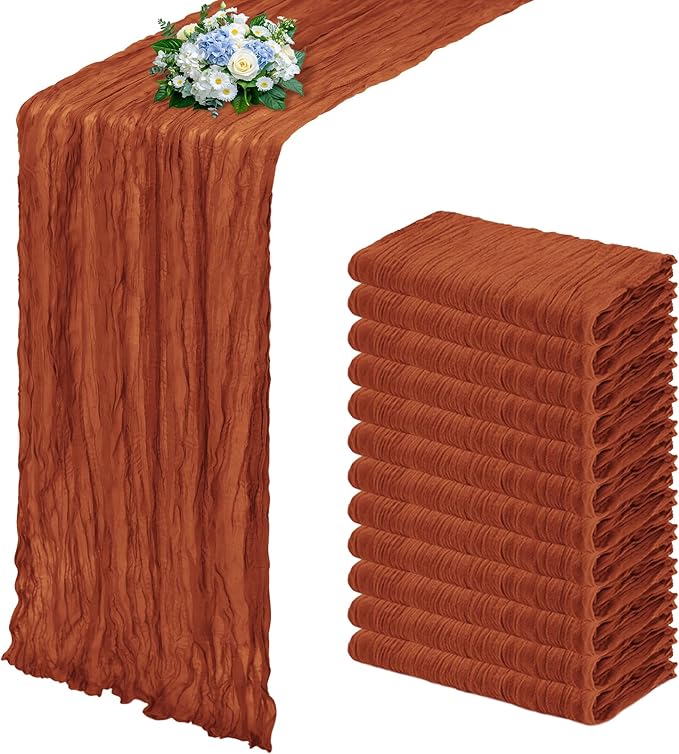 12 Pack Terracotta Cheesecloth Table Runner 17x108 Inch Semi Sheer Boho Gauze Cheese Cloth Fabric Table Runners, for Wedding Party Baby Shower Birthday Home Decor Garden Farmhouse