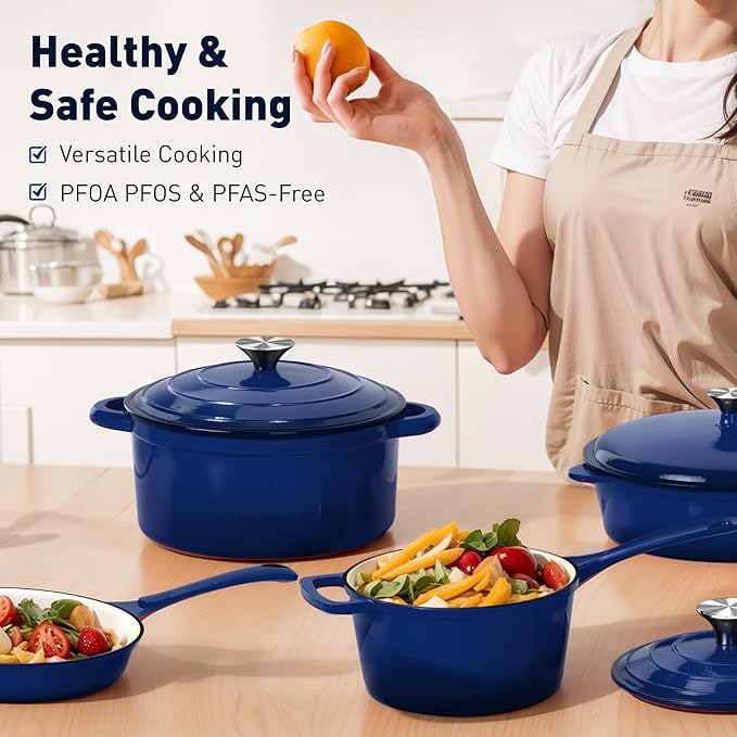 DishDelight Enameled Cast Iron Cookware Set, 7 Piece Set of Dutch Ovens, Sauce Pan, Skillet, 3 Lids, Ceramic Coated Cast Iron Dutch Oven Set, Round Dutch Oven Pot for Sourdough Bread Baking，Blue