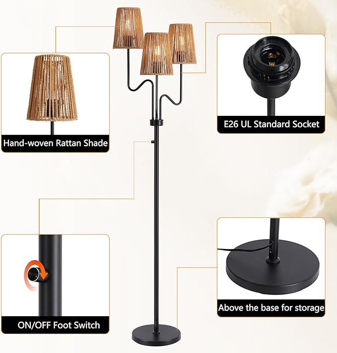 9MMML Farmhouse Boho Dimmable Floor Lamp with Rattan Shade, 68'' Tall Floor Standing Lamp, 3-Light Floor Lamp for Living Room, Bedroom, Office, Corner, 3 x E26 LED Bulb Included
