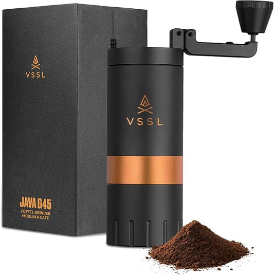 VSSL Java G45 Manual Coffee Grinder | Coffee for Camping | Bean Grinder | Travel Pour Over | Stainless Steel Conical Burr | ~ 45 Gram Capacity | Extendable Grind Handle | 50 Grind Settings | Carbon