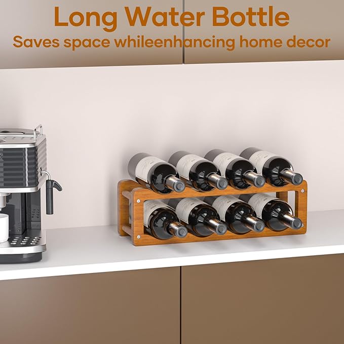 Wine Rack, 2 Tier 8 Bottle Wooden Wine Storage Cabinet Shelf, Adjustable in 2 Sizes Countertop Wine Holder, Easy-Assembly Freestanding Wine Organizer for Kitchen Pantry Dining Room Bar
