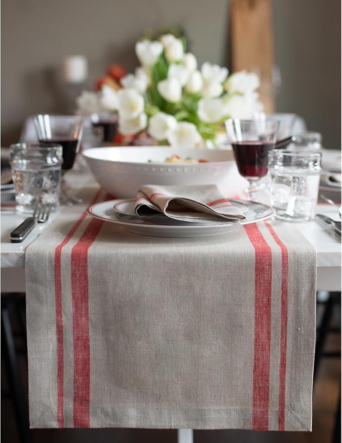 Solino Home Striped Linen Table Runner 108 Inches Long - French Stripe 100% Pure Linen Red and Natural Dining Table Runner 14 x 108 Inch for Christmas, Winter, New Year