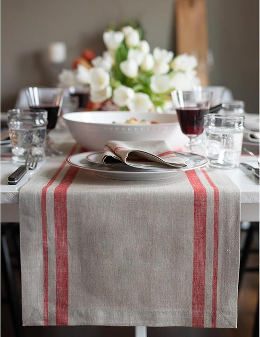 Solino Home Striped Linen Table Runner 108 Inches Long - French Stripe 100% Pure Linen Red and Natural Dining Table Runner 14 x 108 Inch for Christmas, Winter, New Year