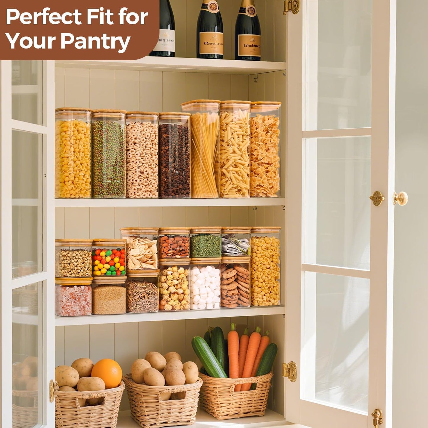 ComSaf Food Storage Containers with Airtight Lids Set of 6, Clear Glass Canister Food Jar with Sealing Lid Kitchen Pantry Storage Container for Spaghetti Pasta Sugar Flour Oat Cereal Beans, Square