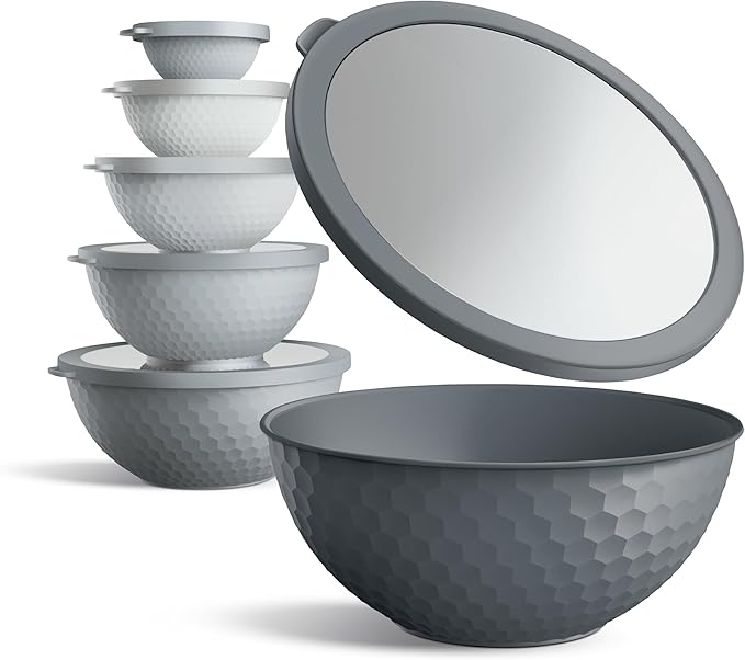 COOK WITH COLOR Mixing Bowls with Lids - 12 Piece Plastic Nesting Bowls Set includes 6 Prep Bowls and 6 Lids, Non Slip Bottom and Embossed Design - Microwave Safe (Grey)