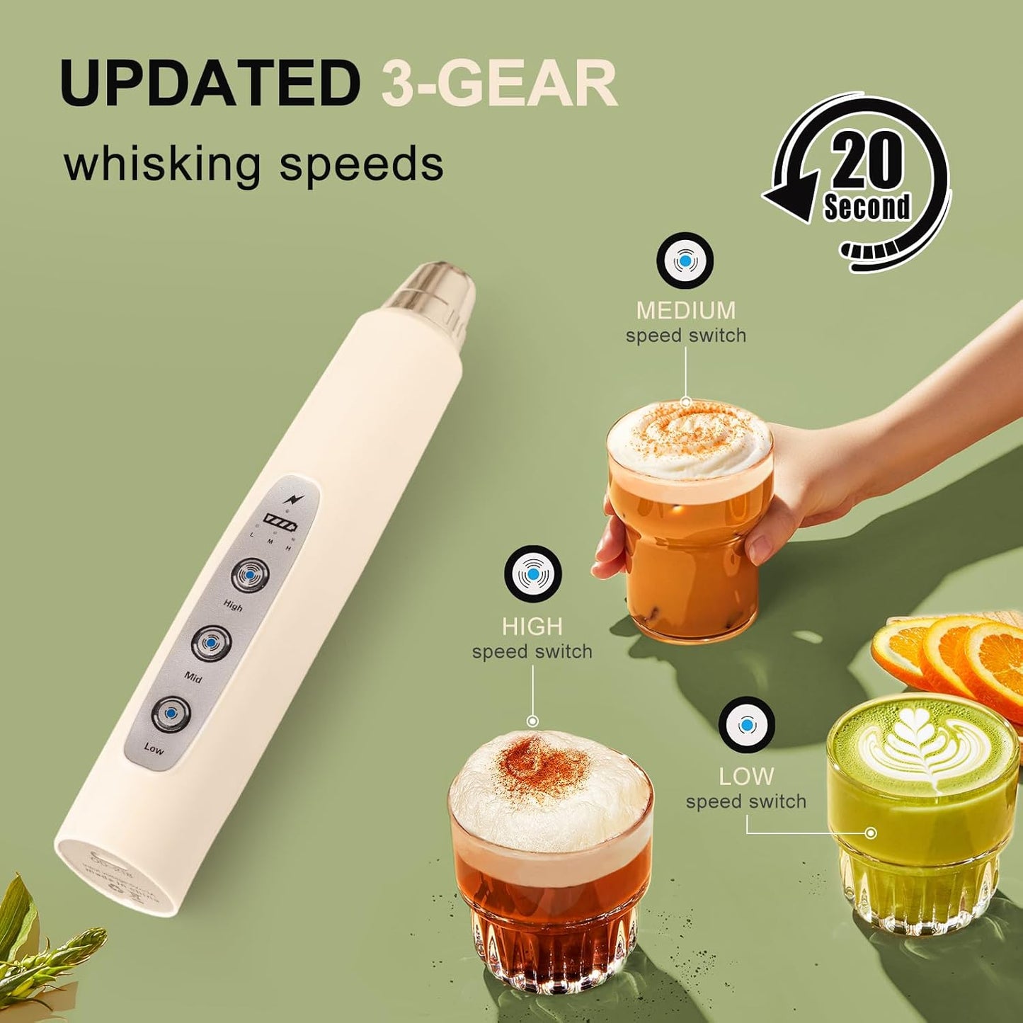 YUSWKO Beige Handheld Milk Frother Wand for Coffee, Rechargeable Electric Whisk with 3 Heads 3 Speeds Drink Mixer Coffee Frother For Latte, Cappuccino, Hot Chocolate, Egg