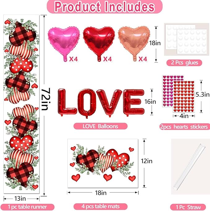 Eucalyptus Hearts Valentine's Day Table Runner 13"x72" & 4 Pcs 12"x18" Placemats Sets with 12 Heart Balloons, Love Letter Balloons, Stickers & Blowing Straw for Home Party Decor
