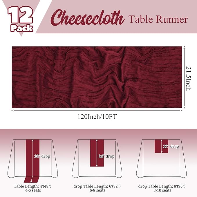 12 Pack Burgundy Table Runners 10Ft Cheesecloth Table Runner Rustic Gauze Table Runner Romantic Long Sheer Fabric Cheese Cloth Table Runner for Wedding Party Bridal Baby Shower