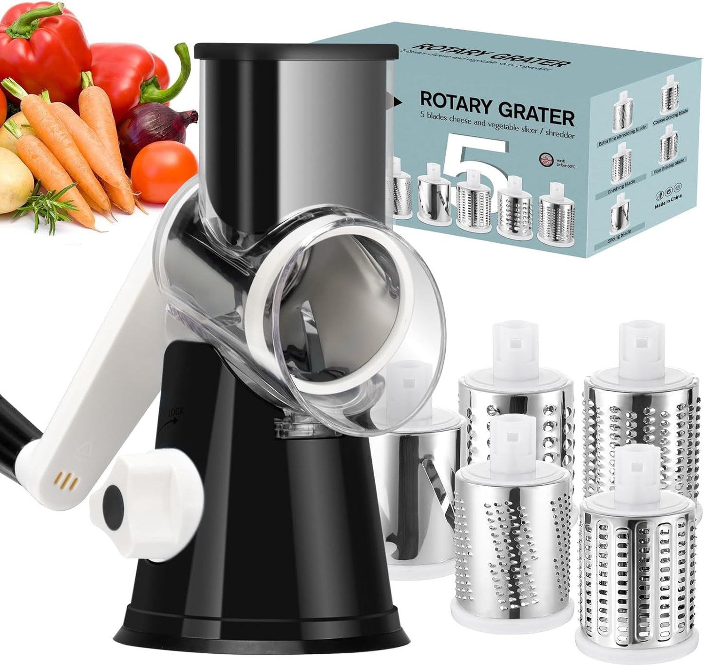 Ourokhome Rotary Cheese Grater Hand Crank, Kitchen Shredder Speed Mandolin Slicer Ice Shaver with Handle and Drum Blades for Cheese, Vegetable, Nuts, Chocolate, Potato, Carrot, 5 Blades, Black