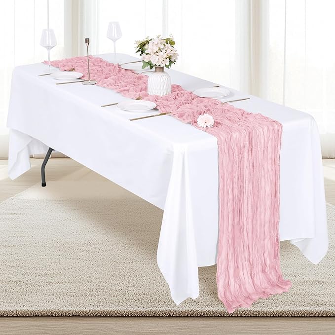 12 Pack Light Pink Cheesecloth Table Runner 17x108 Inch Semi Sheer Boho Gauze Cheese Cloth Fabric Table Runners, for Wedding Party Baby Shower Birthday Home Decor Garden Farmhouse