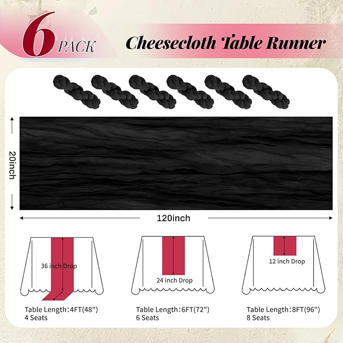 Aktor 6 Pack Black Cheesecloth Table Runner 10Ft Gauze Table Runner Boho Semi Sheer Cheese Cloth Fabric Runners for Wedding Birthday Baby Shower Party Table Decoration（Black）