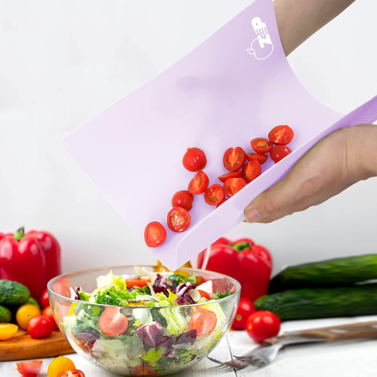 ZVP Flexible Plastic Cutting Board Set of 5 Gradient Color, Colorful Chopping Boards, BPA Free Mats, Non Slip, Dishwasher Safe, 15x12 Inch, Purple Multi-Color