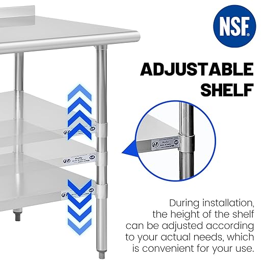 Hally Sinks & Tables HStainless Steel Table for Prep & Work 24 x 72 Inches, NSF Commercial Heavy Duty Table with Undershelf and Backsplash for Restaurant, Home and Hotel