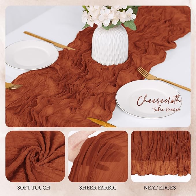 12 Pack Terracotta Cheesecloth Table Runner 17x108 Inch Semi Sheer Boho Gauze Cheese Cloth Fabric Table Runners, for Wedding Party Baby Shower Birthday Home Decor Garden Farmhouse