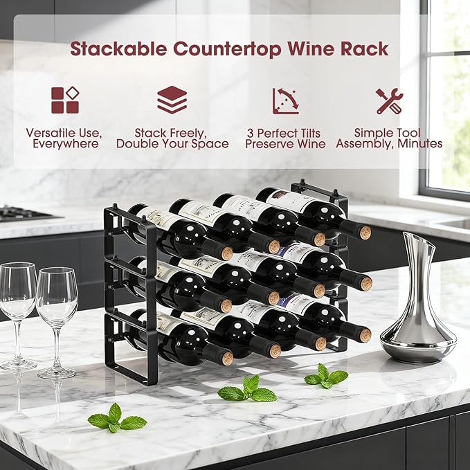 Stackable Wine Rack Countertop, 12 Bottles Wine Bottle Holder for Inside Cabinet, Small Tabletop Wine Holder Stand for Pantry Bar, 3-Tier Angle Adjustable Wine Bottle Rack for Tight Spaces
