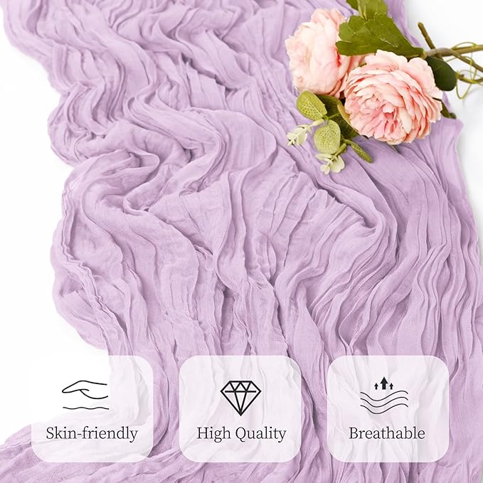 12 Pack Lavender Cheesecloth Table Runner 17x108 Inch Semi Sheer Boho Gauze Cheese Cloth Fabric Table Runners, for Wedding Party Baby Shower Birthday Home Decor Garden Farmhouse
