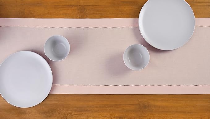 Solino Home Pink Table Runner 60 Inches - Cotton Linen Hemstitch Coffee Table Runner 14 x 60 Inch Ideal for Dresser Tables - Christmas, New Year