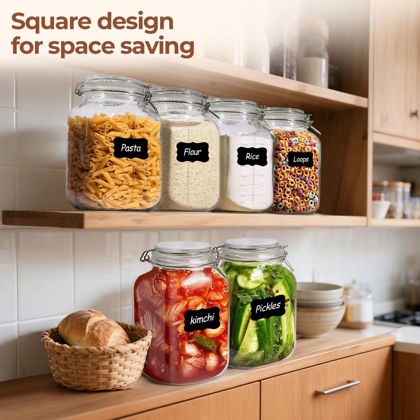 ComSaf Large Glass Storage Containers with Lids, 1.1 Gallon Glass Jar with airtight Lid for Rice, Wide Mouth Mason Jars with Measurement Mark, Flour Sugar Storage Containers 135oz, Set of 2, Square