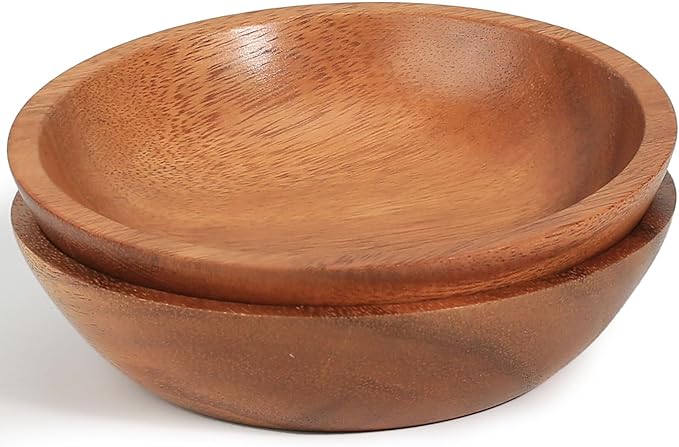 Acacia Wood Serving Bowls, 6 Inch Handcrafted Wooden Individual Bowls Set of 2 for Food/Soup/Salad/Pasta, Use as Snack Holder Plate for Kitchen and Dining