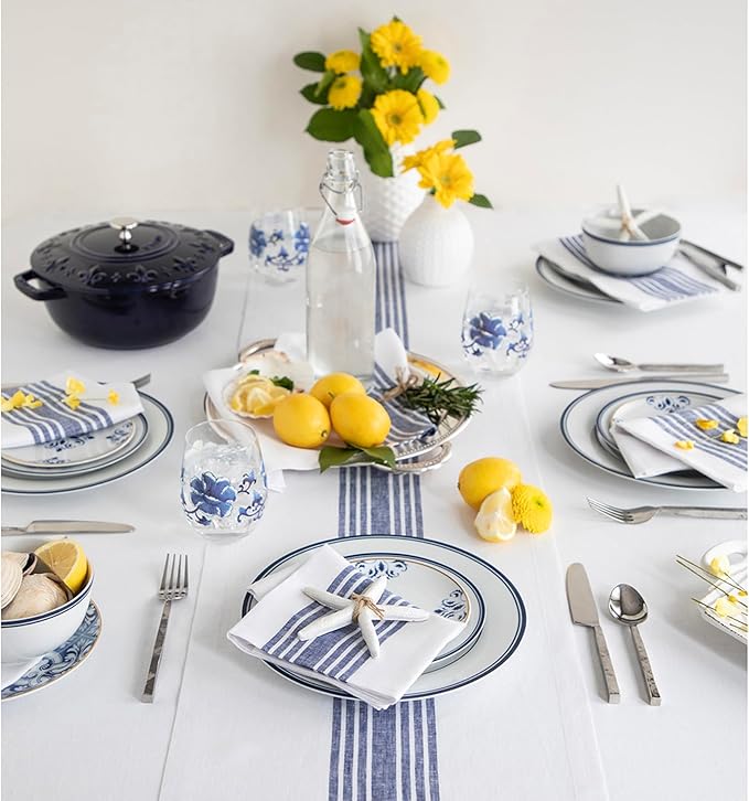 Solino Home Linen Table Runner 60 Inches - 100% Pure Linen Navy and White Farmhouse Table Runner 14 x 60 Inch Ideal for Dresser and Coffee Tables - Christmas, Holiday, New Year