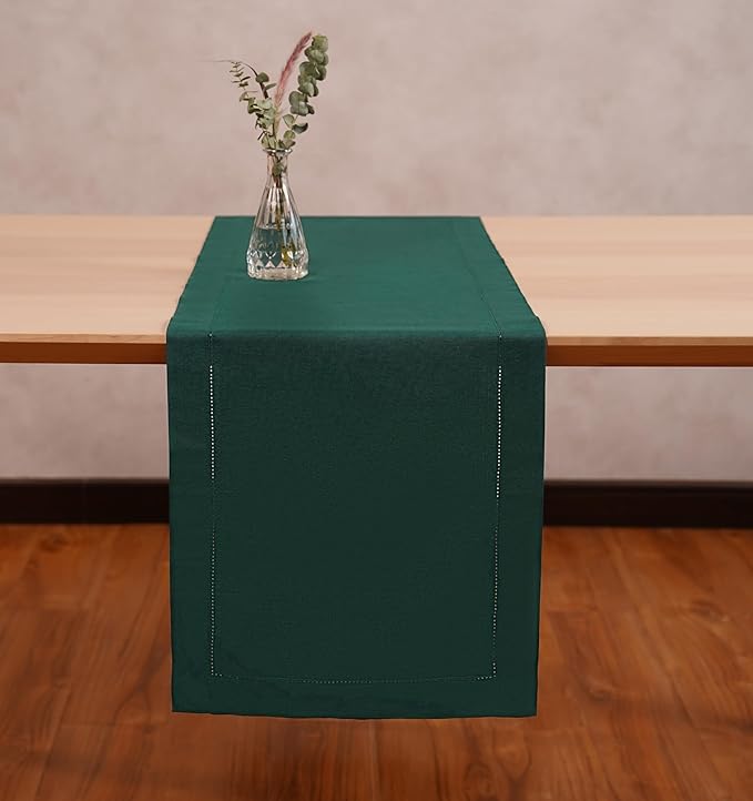 Home Ekaa 100% Pure Linen Green Table Runner 14 x 36 Inch - Small Hemstitch Table Runner - Cloth Fabric Runner for Christmas, Fall, Winter, Holiday & New Year - Elara