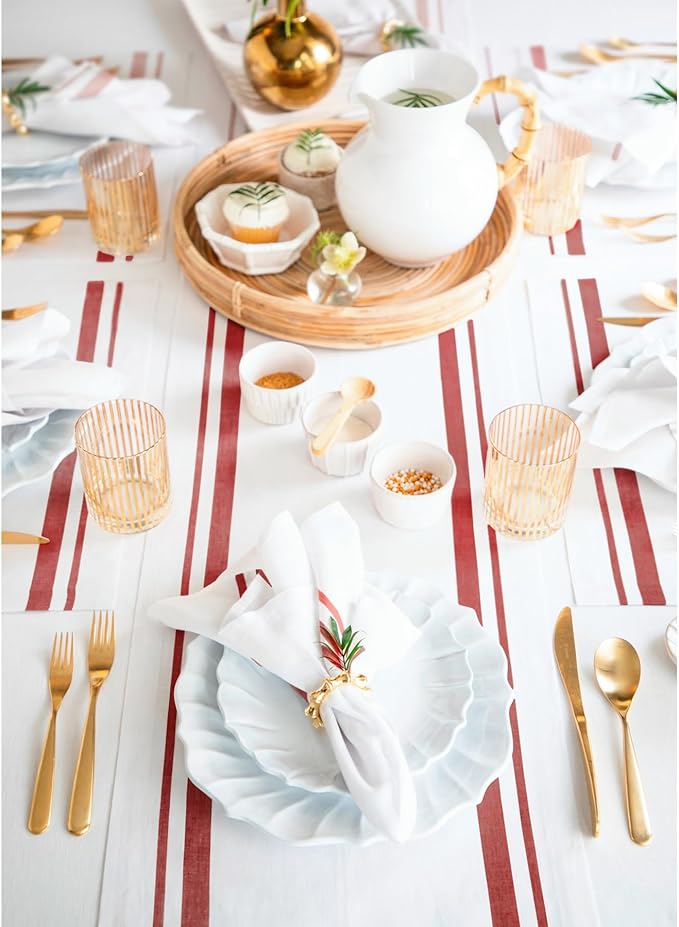 Solino Home Linen Table Runner 72 Inches Long - 100% Pure Linen Red and White French Stripe Table Runner 14 x 72 Inch for Dining, Dresser, Christmas, Holiday, Winter, New Year