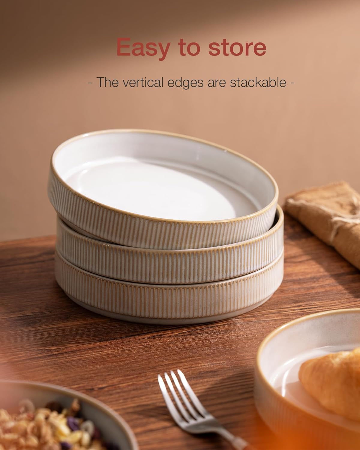 famiware Star 8.25" Pasta Bowls, Large Dinner Bowls Set of 4, Salad Bowl Plates, Shallow Bowls for Eating, Cappuccino White