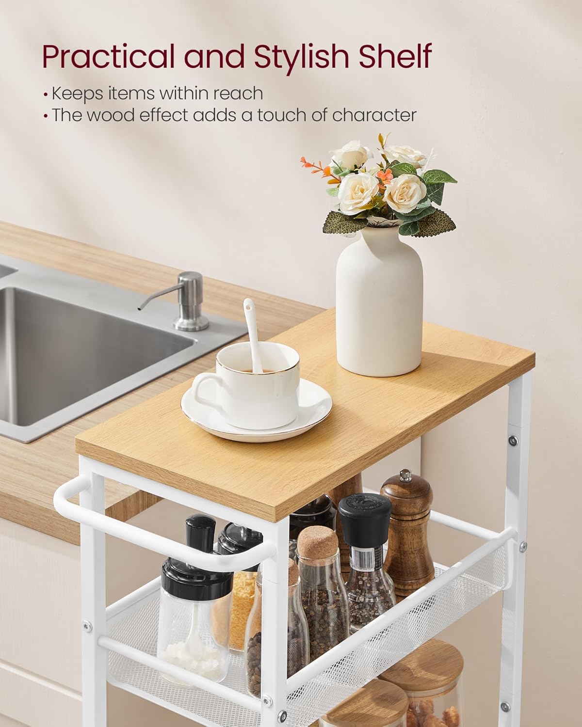 VASAGLE Slim Rolling Cart, 5-Tier Storage Cart, Narrow Cart with Handle, 8.7 Inches Deep, Metal Frame, for Kitchen, Dining Room, Living Room, Home Office, Oak Beige and Classic White ULRC035W09