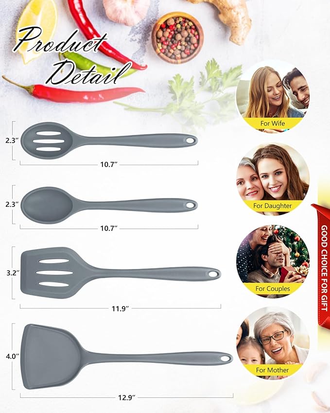 4 Pcs Silicone Kitchen Utensils Set, Wok Spatulas-Slotted Turner-Cooking Spoon-Slotted Spoon, Nonstick BPA Free High Heat Resistant Cooking Utensils for Frying, Mixing, Serving, Draining, Stirring