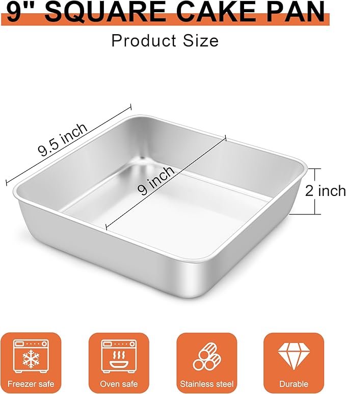 LIANYU 9 Inch Square Cake Pan, Stainless Steel Baking Lasagna Brownie Bread Pan, Perfect for Birthday Party Wedding, Oven & Dishwasher Safe