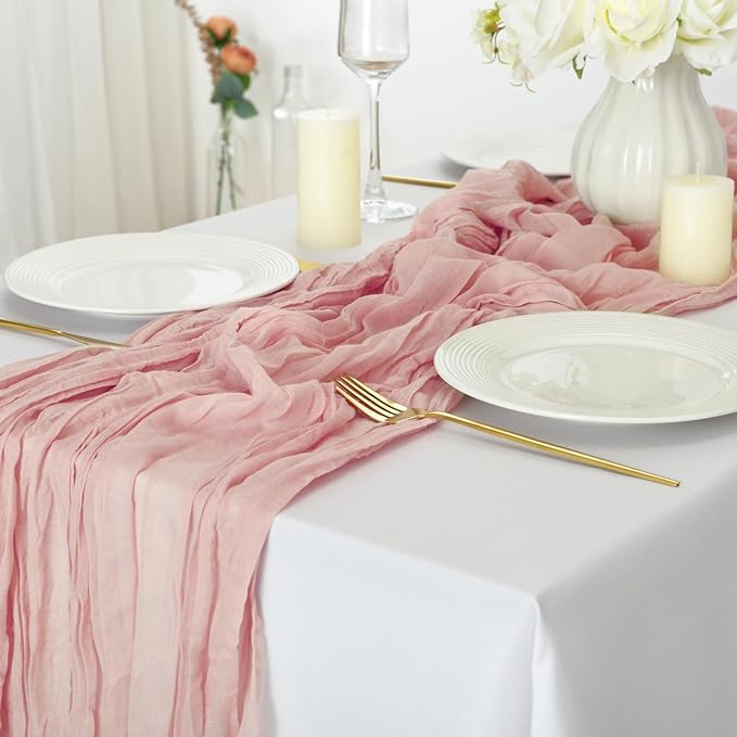 combocube 12 Pack 35x120 Inch 10Ft Cheesecloth Table Runner Long Gauze Rustic Romantic Table Cloth for Wedding Reception Bridal Shower Birthday Party Table Decorations, Dusty Pink