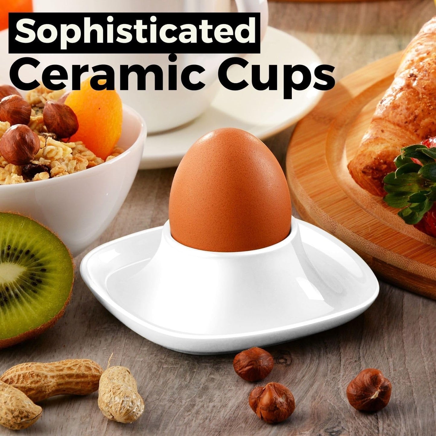 Flexzion Soft Boiled Egg Holder Set - Egg Cups for Soft Boiled Eggs British - Set of 6 Ceramic Egg Holder - Stackable Egg Coddler Cups with Base for Serving, Breakfast, Brunch, White