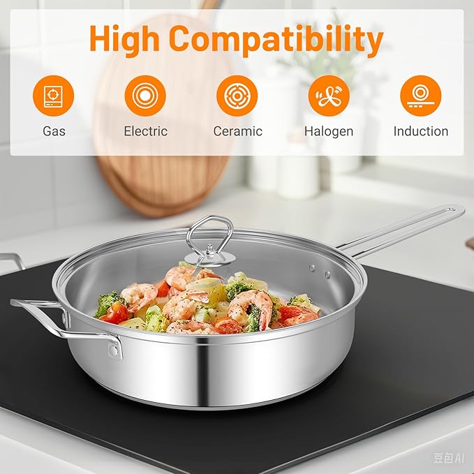 GOFLAME 12 Piece Pots & Pans Set, Stainless Steel Cookware Set with Tempered Glass Lids, Handles & 3-Ply Base, 4 Stockpots, 1 Frying Pan & 1 Sauce Pan for Stovetop, Induction, Halogen