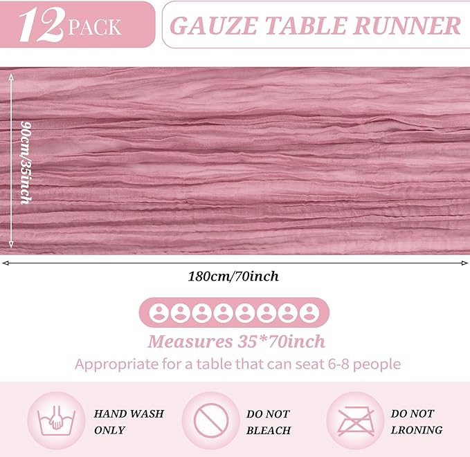 12 Pack Cheesecloth Table Runner 35 x 70 inch Long Boho Cheese Cloth Gauze Table Runners Semi Sheer Table Runner for Wedding Decor, Bridal Shower, Birthday Party (Dusty Rose)