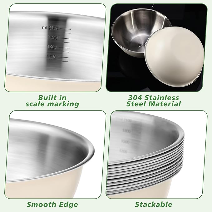 12 Pcs 2.2qt Stainless Steel Mixing Bowls Nesting Metal Prep Salad Bowls with Scale Reusable Baking Cooking Food Soup Storage Organizers for Kitchen Refrigerator