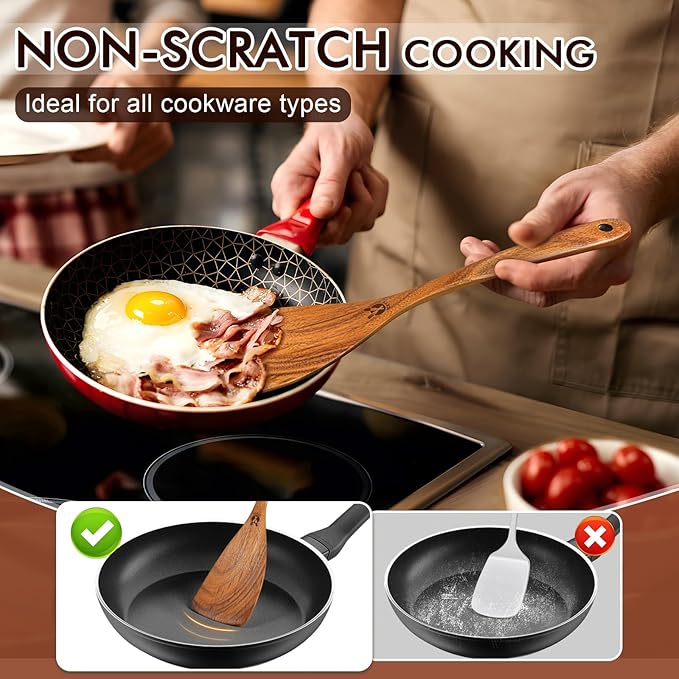 12 Pcs Teak Wooden Utensil Set with Holder & Spoon Rest, Wooden Spoons for Cooking with Comfort Grip, Wooden Cooking Utensils Set for Nonstick Cookware, Lightweight & Heat Resistant Kitchen Utensils