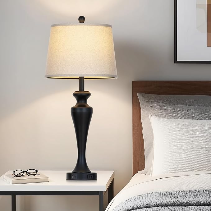 30 Inch Single Black Table Lamp for Bedroom, Modern Tall Lamp for Living Room End Table, 3-Way Dimmable Touch Nightstand Lamps, Metal Bedside Lamps with USB A+C Ports and AC Outlet, Bulb Included