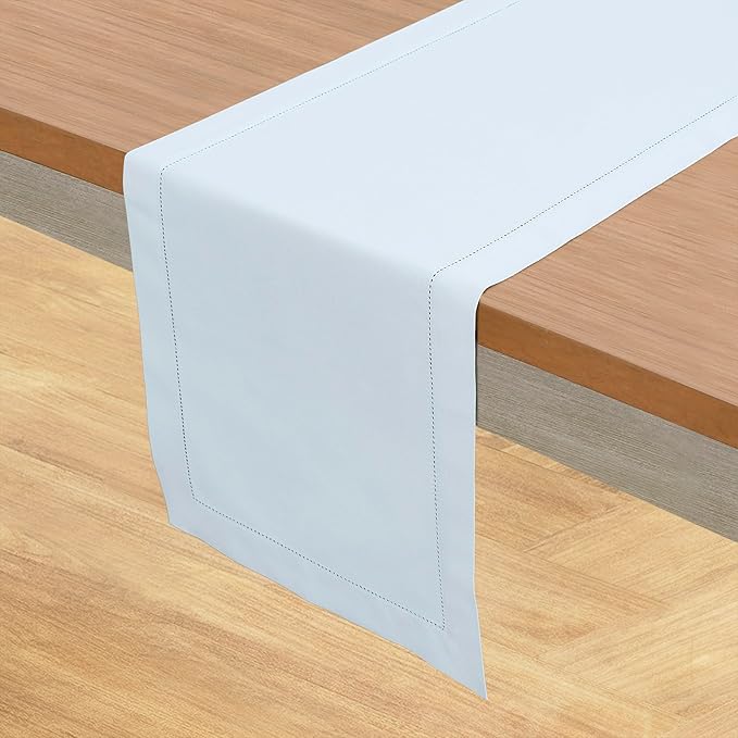 Solino Home Table Runner 120 Inches Long - Cotton Linen Hemstitch Light Blue Table Runner 14 x 120 Inch for Christmas, New Year