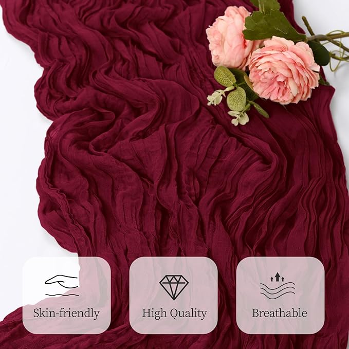 6 Pack Burgundy Cheesecloth Table Runner 17x108 Inch Semi Sheer Boho Gauze Cheese Cloth Fabric Table Runners, for Wedding Party Baby Shower Birthday Home Decor Garden Farmhouse
