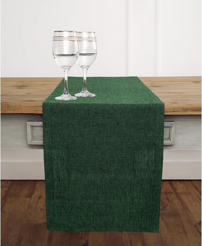 Solino Home Linen Table Runner 48 Inches - 100% Pure Linen Forest Green Table Runner 14 x 48 Inch Ideal for Dresser and Coffee Tables - Athena - Christmas, Winter, New Year
