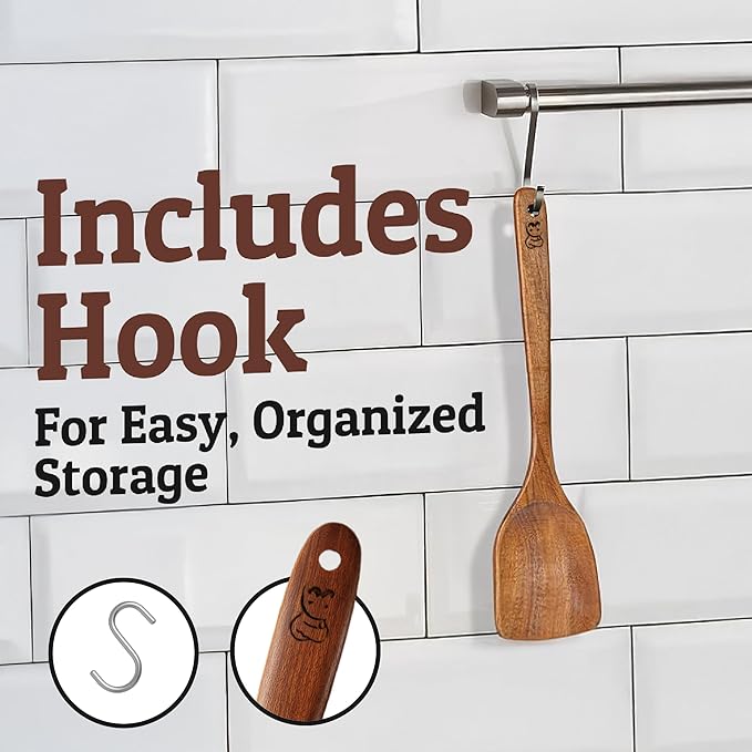 PriorityChef Wooden Wok Spatula - Teak Wood Stir Fry with Long Handle Wooden Spatula, Nonstick Safe and Hand-finished - Durable Cooking Utensil for Kitchen Use, Easy to Clean